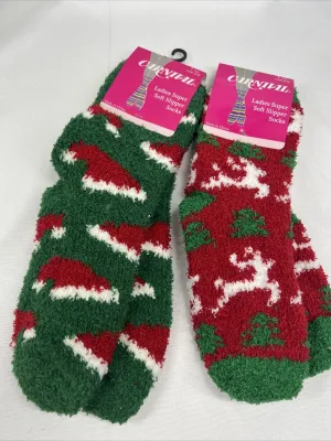 (2) Carnival Ladies Soft Slipper Socks Christmas Santa Hat Reindeer Red Green