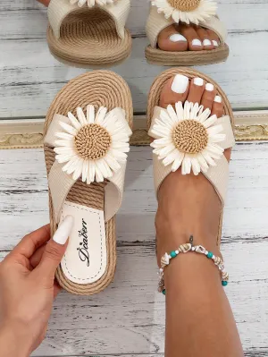 Beige Sunflower Pattern Floral Slippers