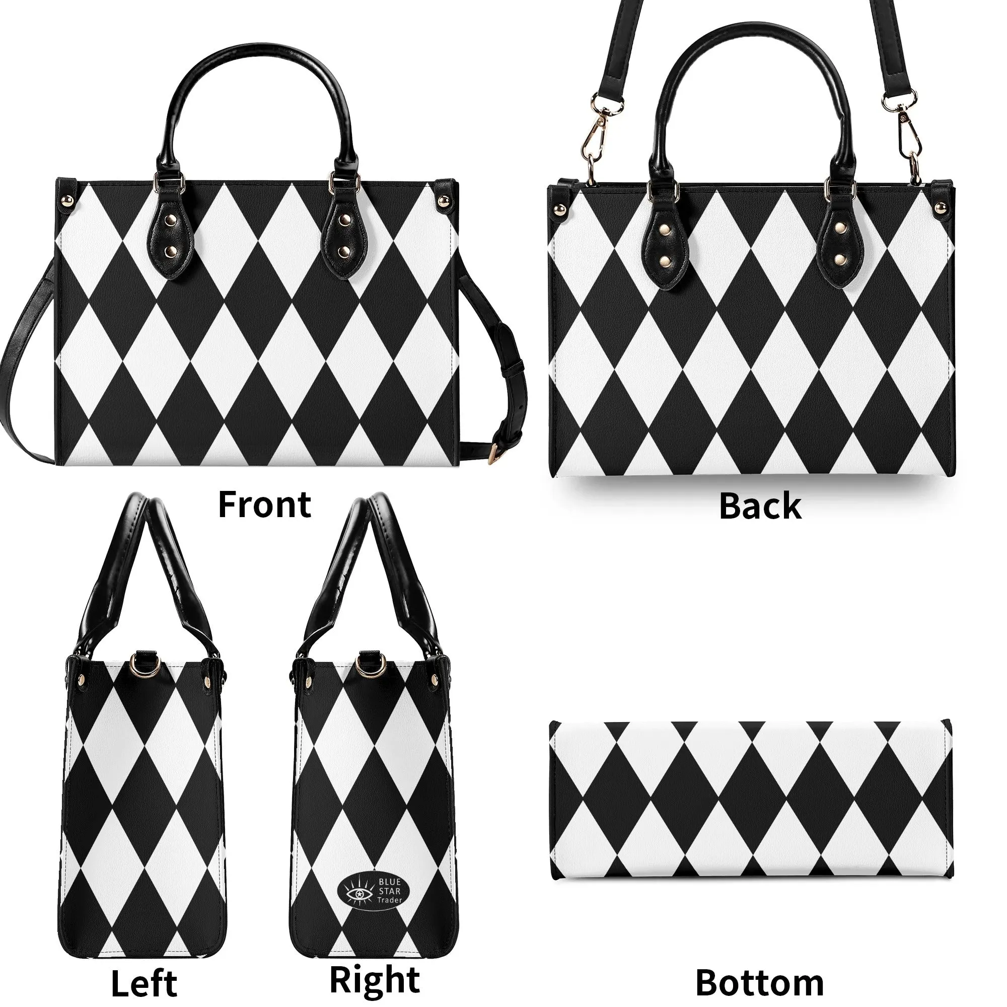 Black White Harlequin Diamonds Purse Luxury Womens Vegan Leather Handbag