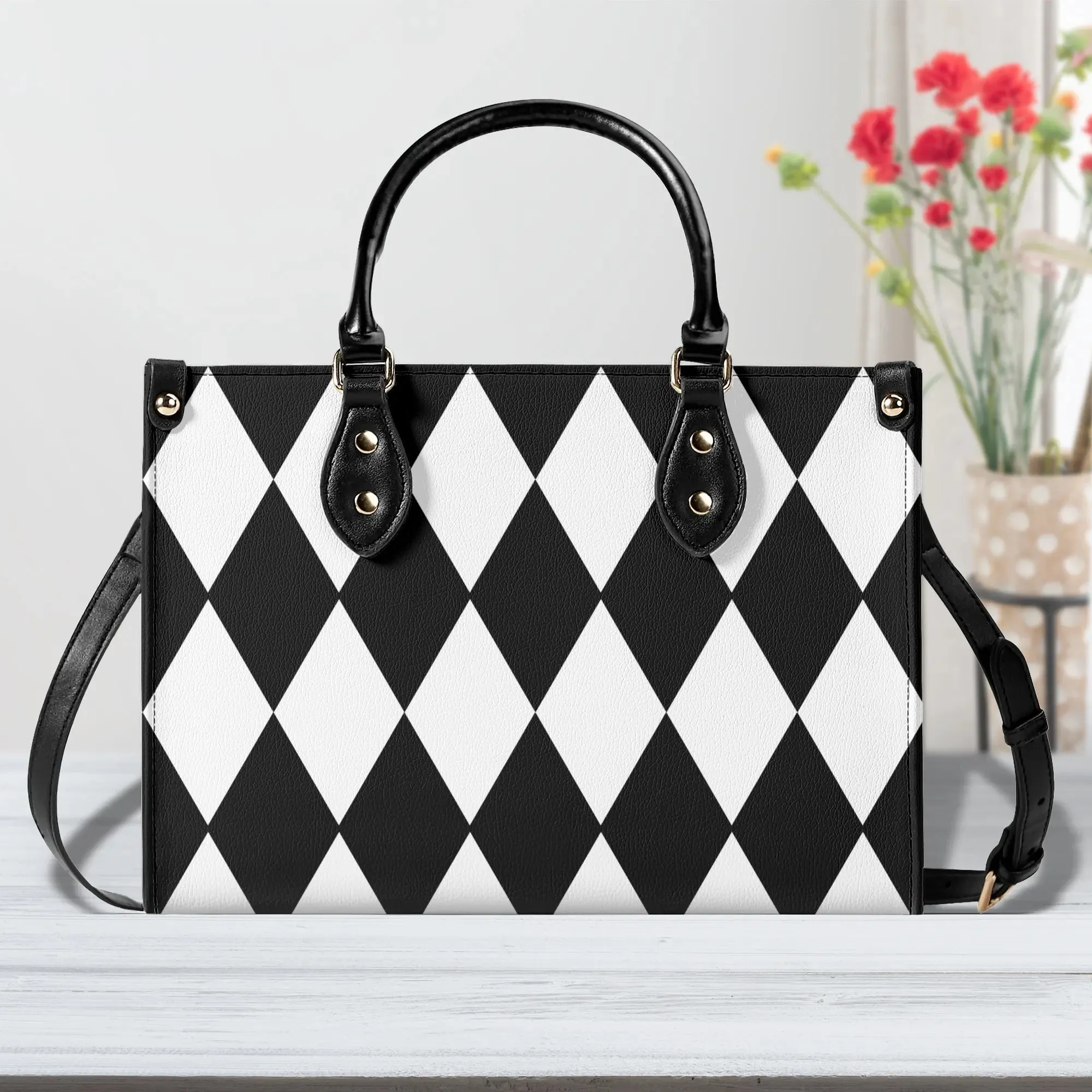 Black White Harlequin Diamonds Purse Luxury Womens Vegan Leather Handbag