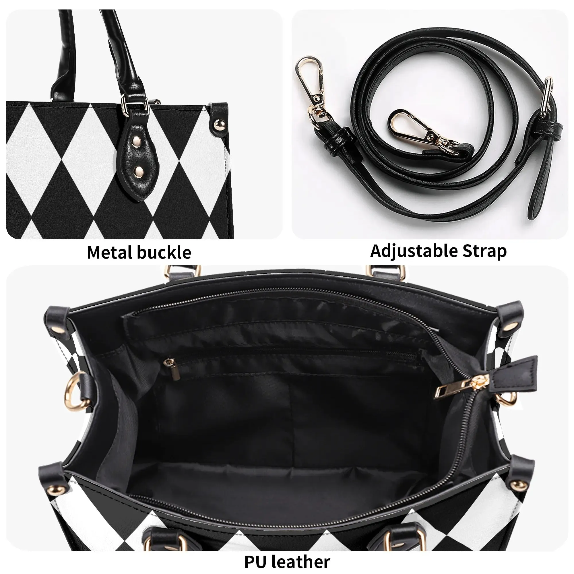 Black White Harlequin Diamonds Purse Luxury Womens Vegan Leather Handbag