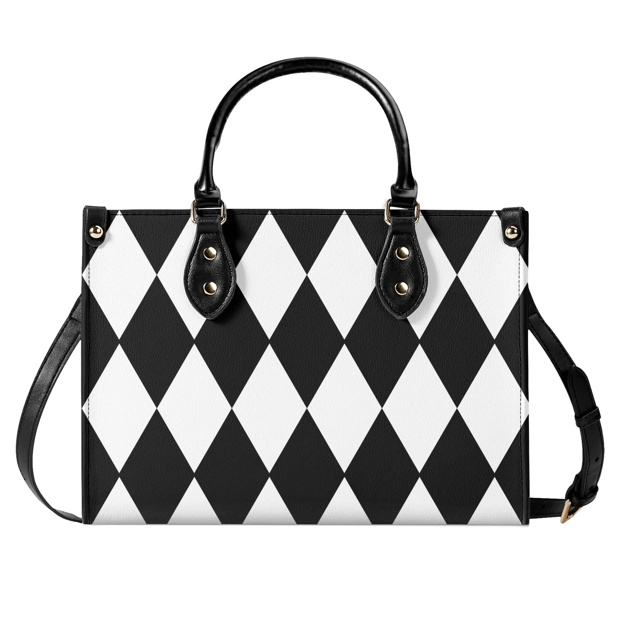 Black White Harlequin Diamonds Purse Luxury Womens Vegan Leather Handbag
