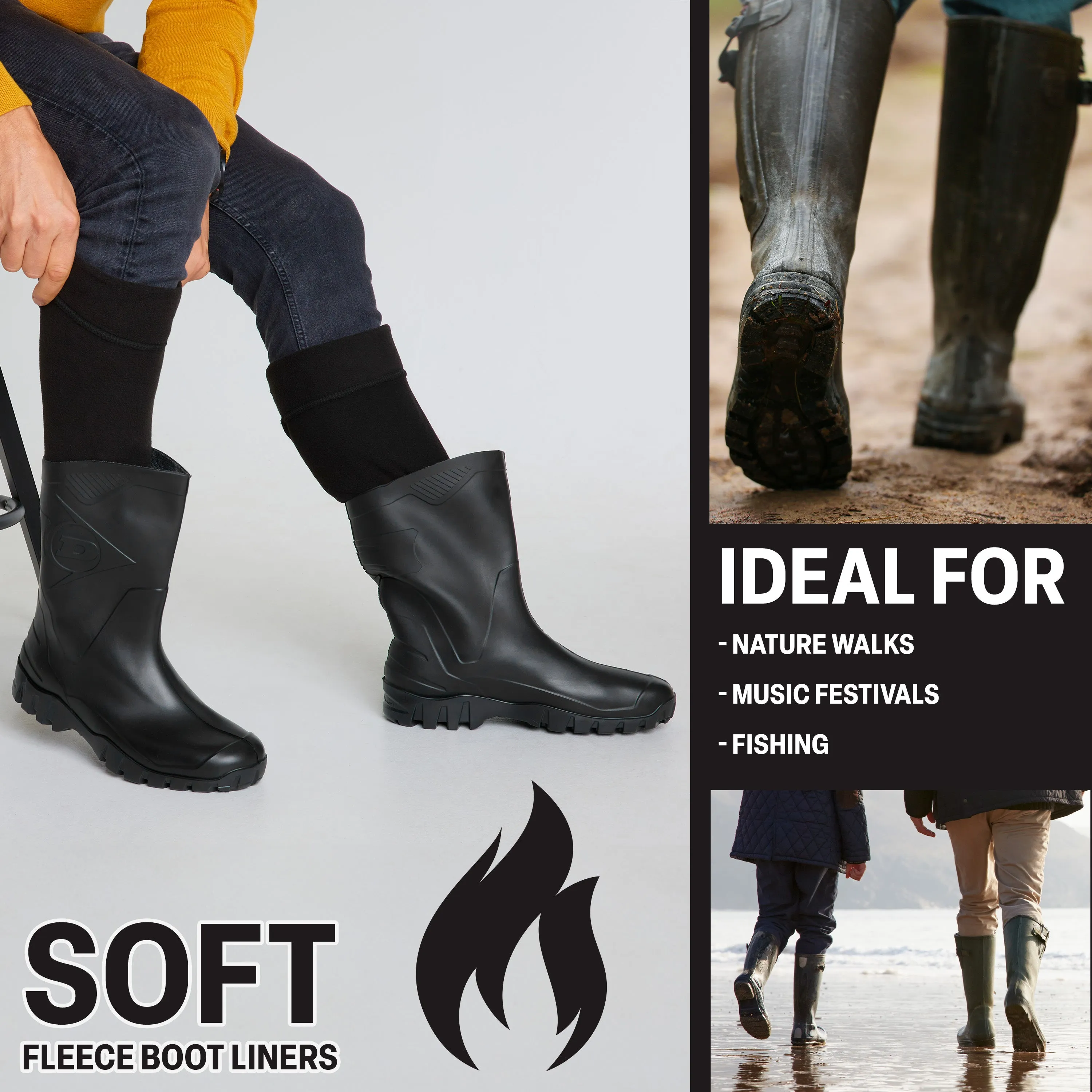 Boot Liner for Men and Teenagers - Warm Fleece Wellie Socks