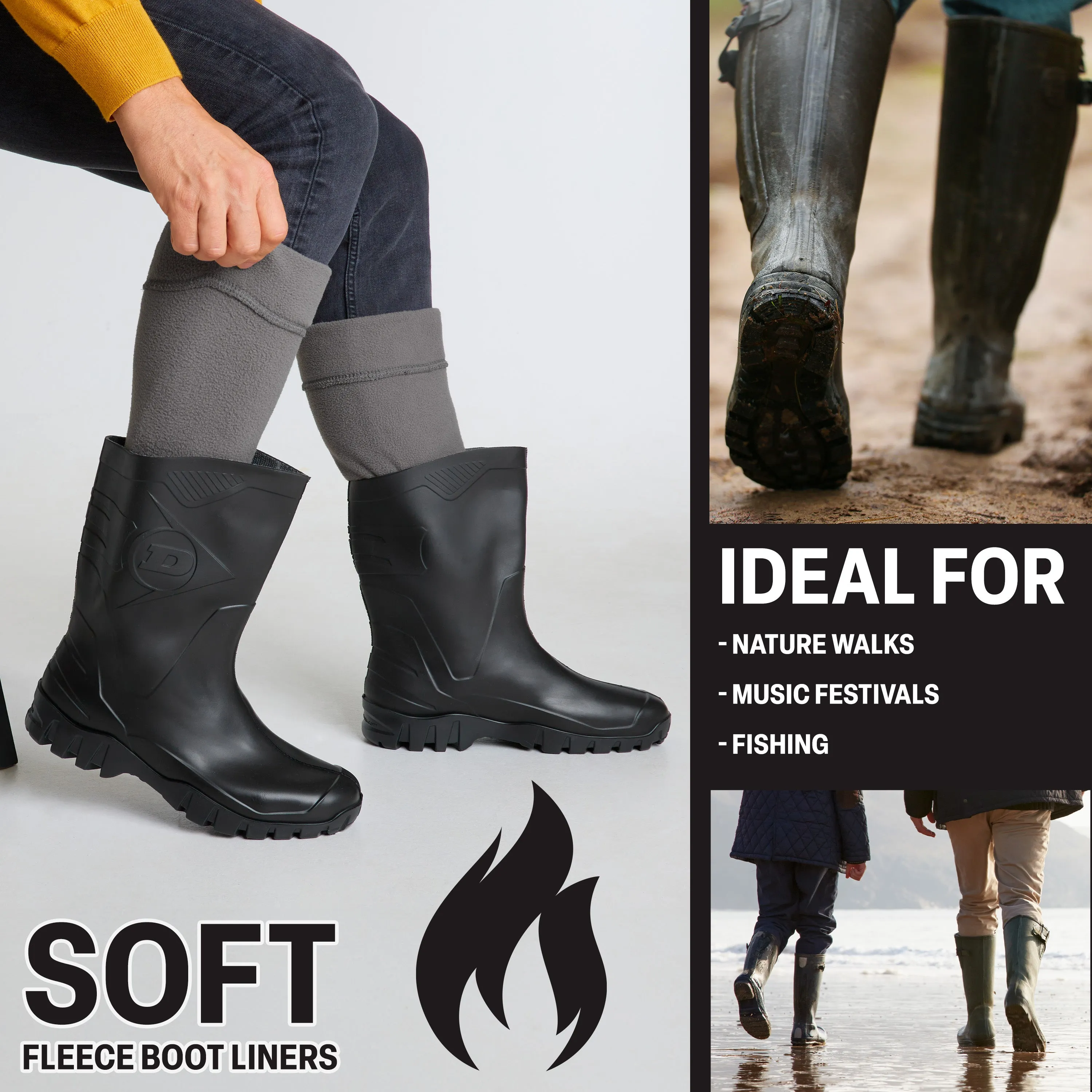 Boot Liner for Men and Teenagers - Warm Fleece Wellie Socks