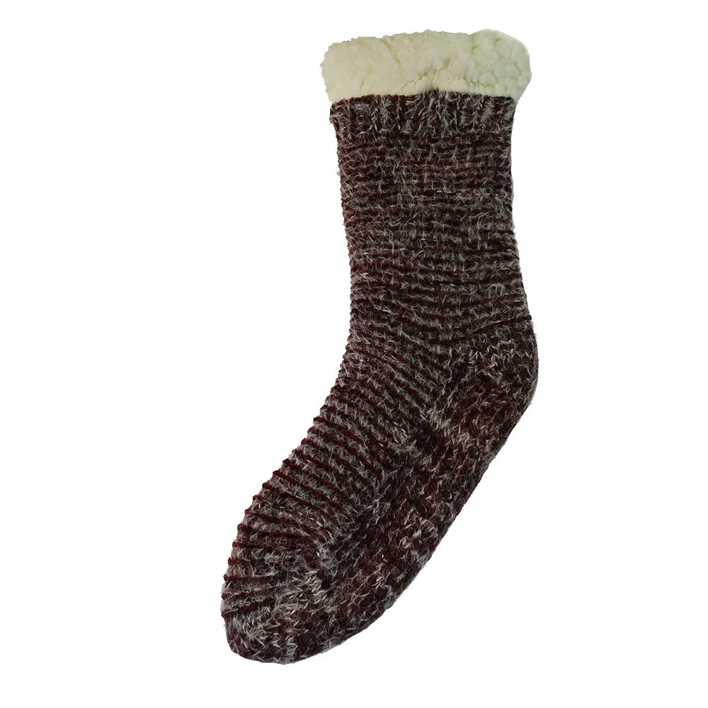Burgundy ribbed fleece lined cable knit slipper socks