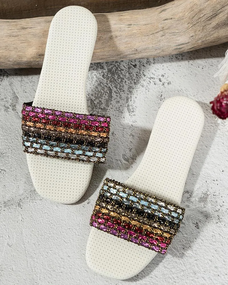 Colorblock Crystal Stone Wide Strap Beach Slippers
