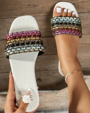 Colorblock Crystal Stone Wide Strap Beach Slippers