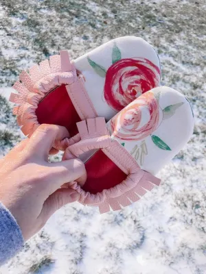 Coral Floral with Blush Fringe Moccs