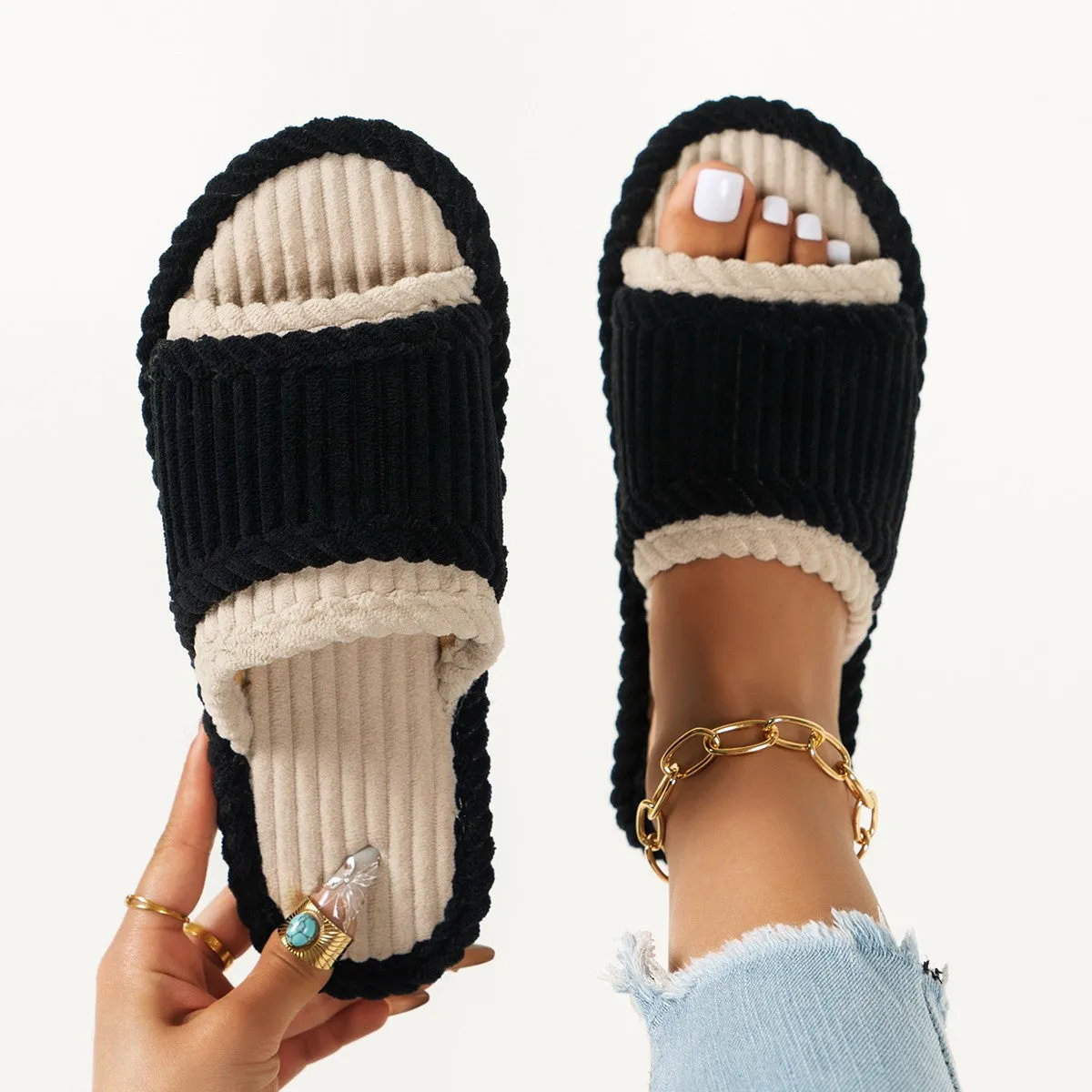 Corduroy Open TPR Open Toe Four Seasons Slippers