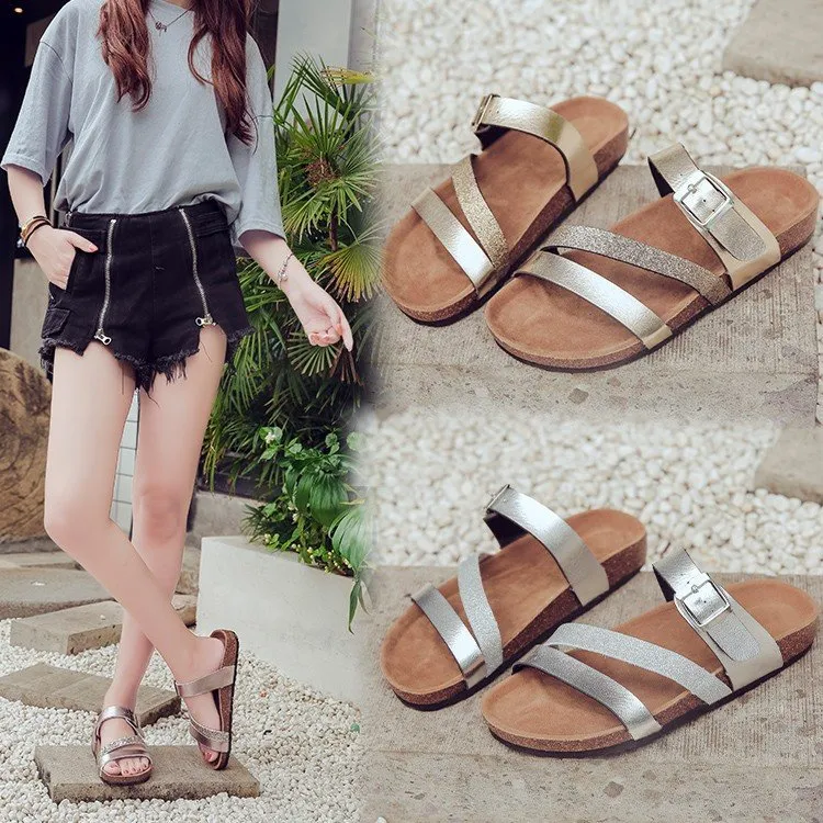 Cork Slippers Beach Shoes Flat Low Heel Women