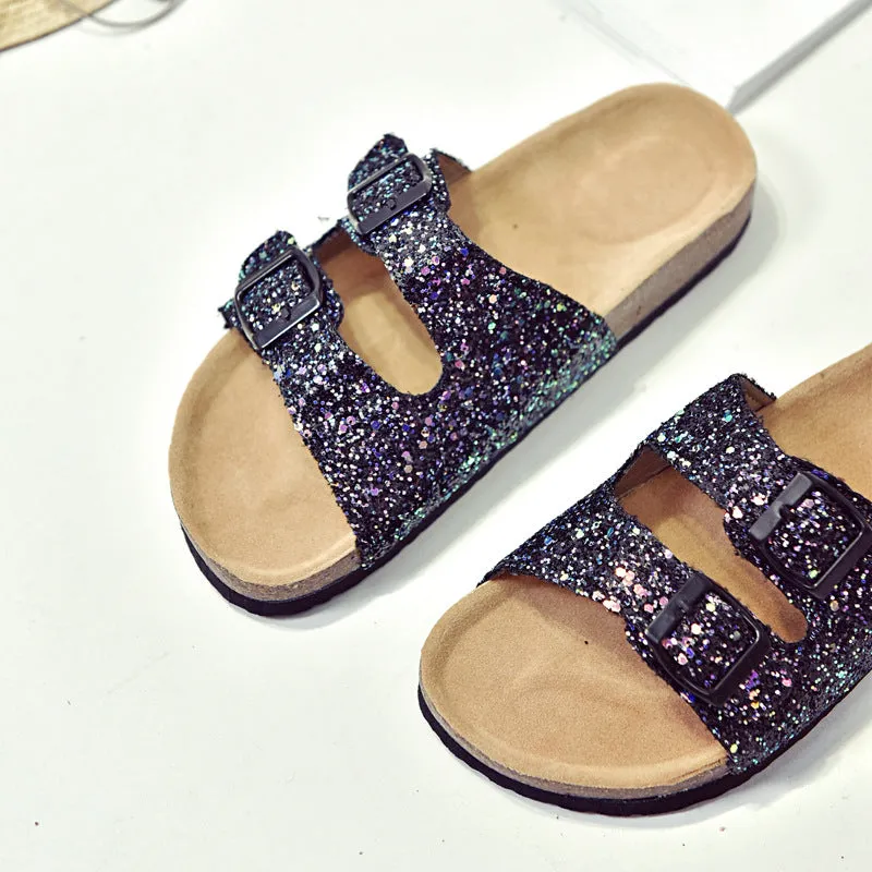 Double buckle flip flop cork slippers Women