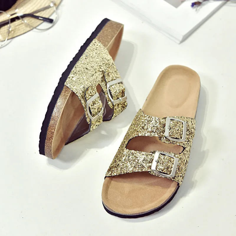 Double buckle flip flop cork slippers Women