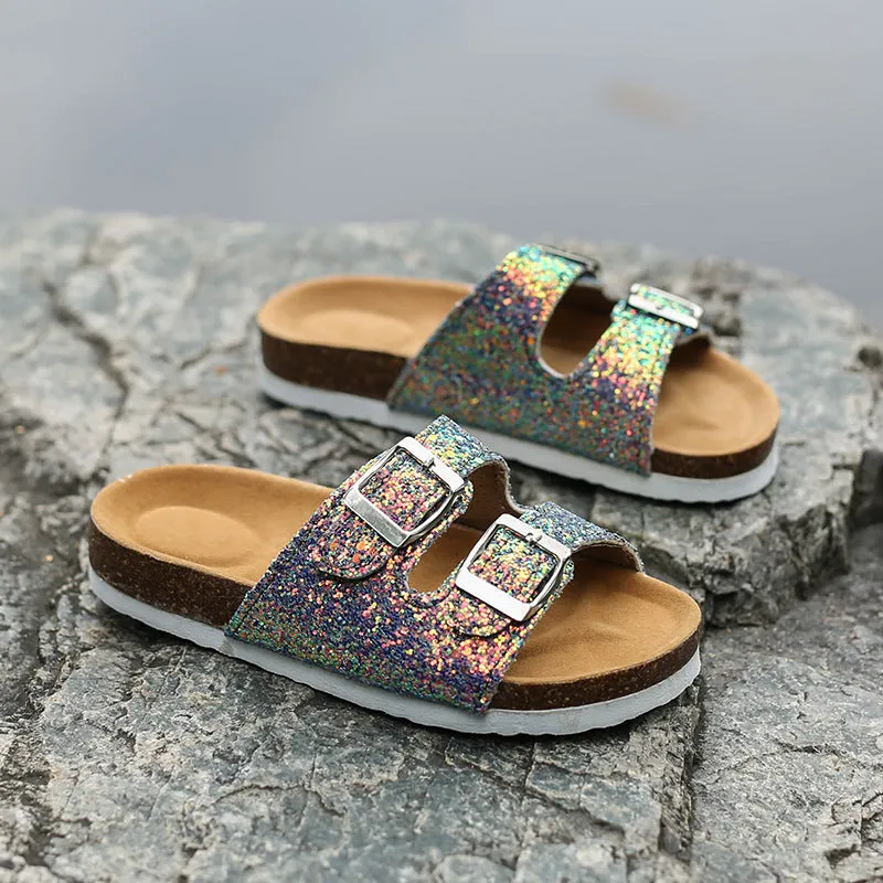 Double buckle flip flop cork slippers Women