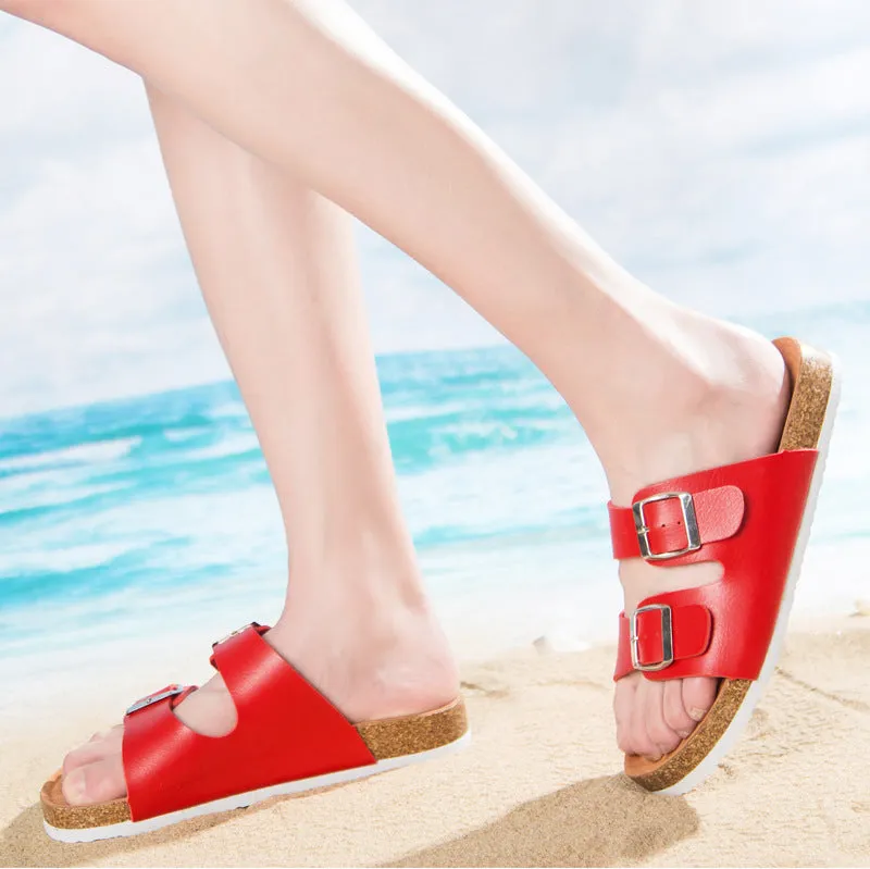 Double buckle flip flop cork slippers Women
