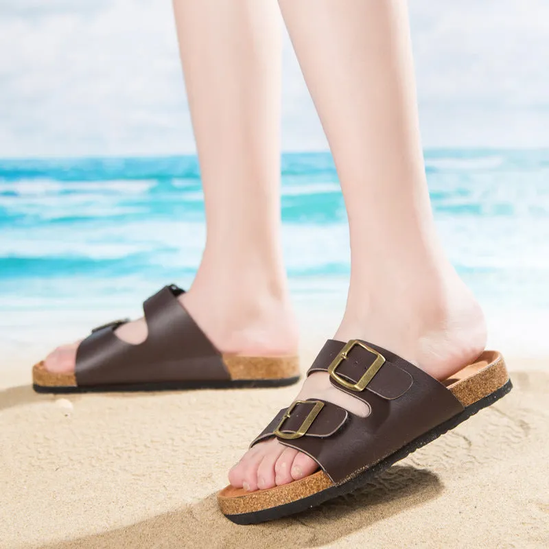 Double buckle flip flop cork slippers Women
