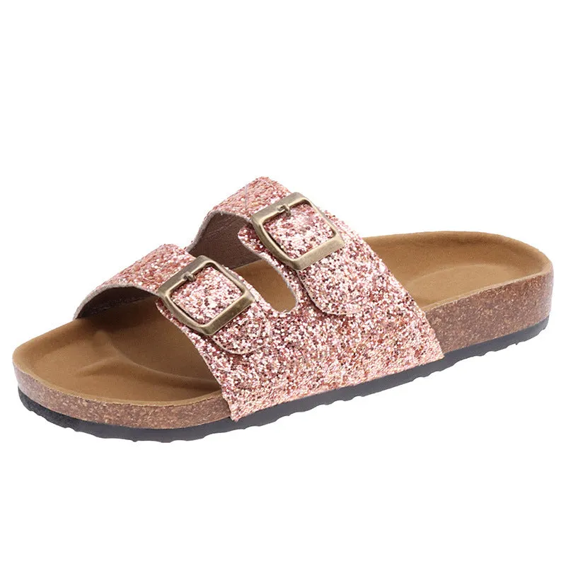 Double buckle flip flop cork slippers Women