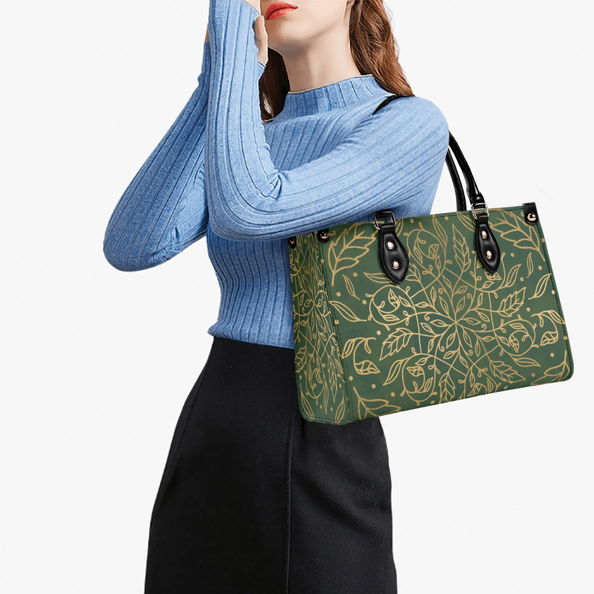 Elegant Green Leaf Mandala Purse Luxury Womens Vegan Leather Handbag