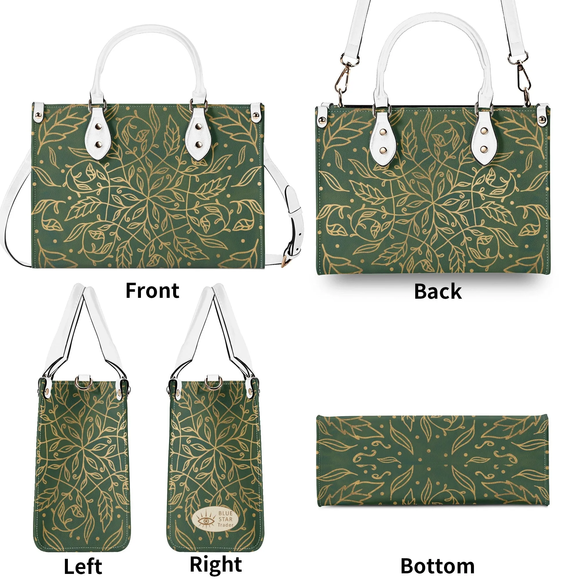 Elegant Green Leaf Mandala Purse Luxury Womens Vegan Leather Handbag