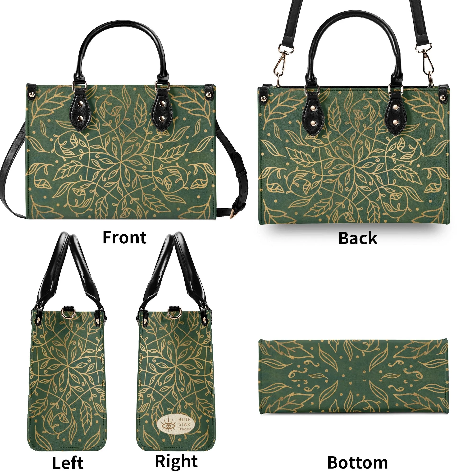 Elegant Green Leaf Mandala Purse Luxury Womens Vegan Leather Handbag