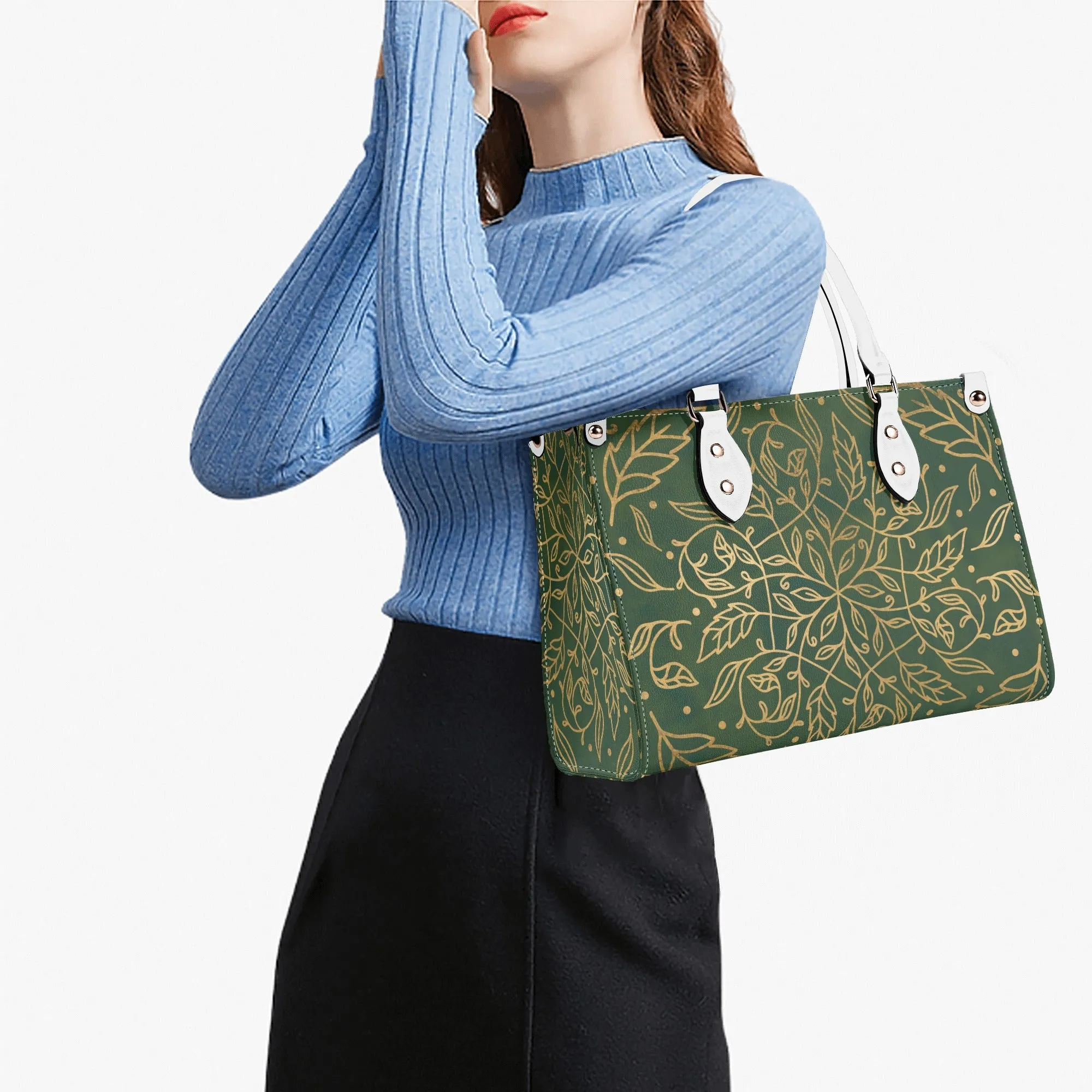 Elegant Green Leaf Mandala Purse Luxury Womens Vegan Leather Handbag