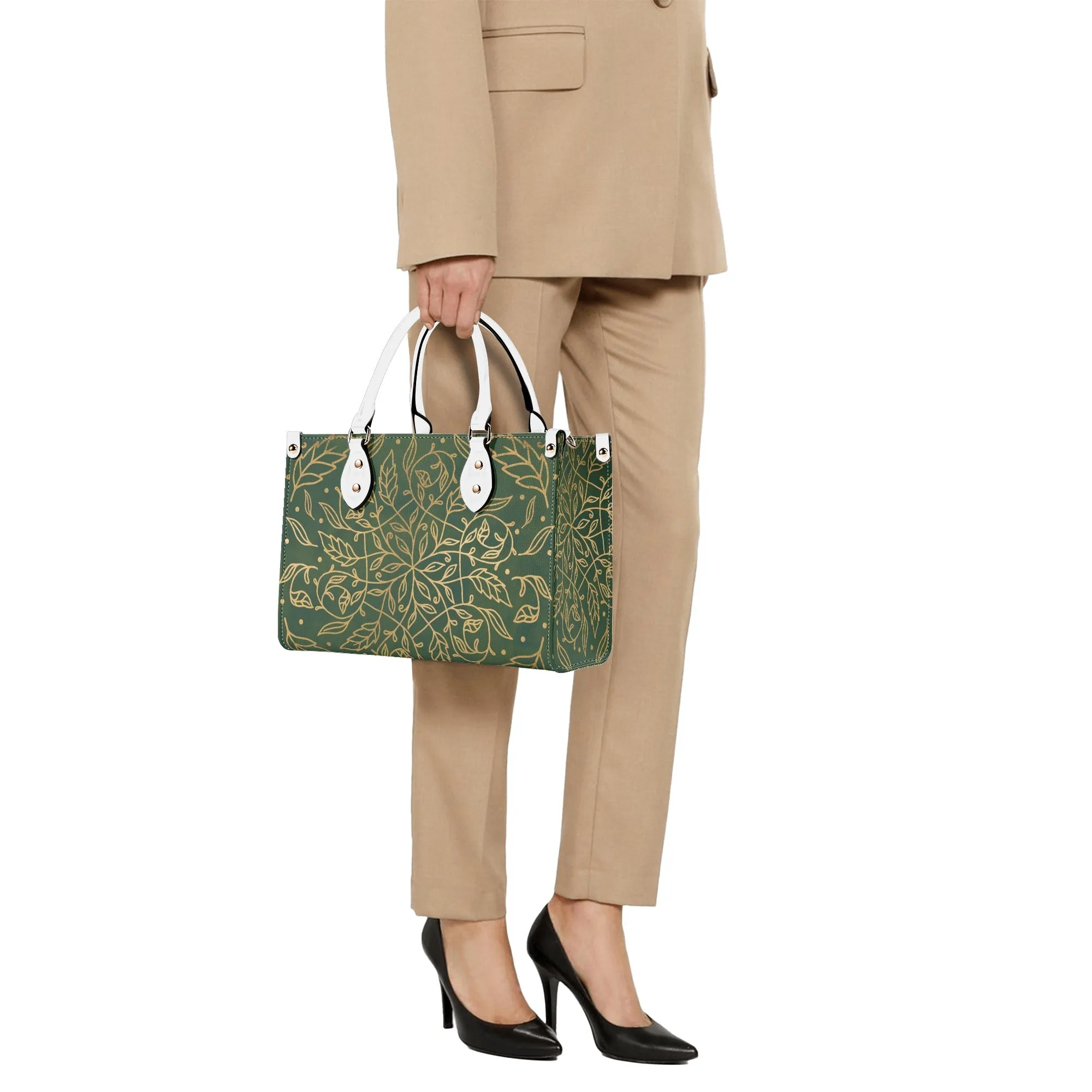 Elegant Green Leaf Mandala Purse Luxury Womens Vegan Leather Handbag