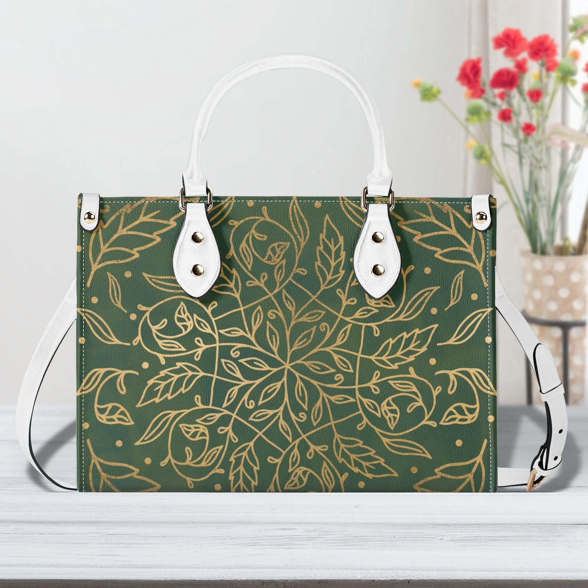 Elegant Green Leaf Mandala Purse Luxury Womens Vegan Leather Handbag