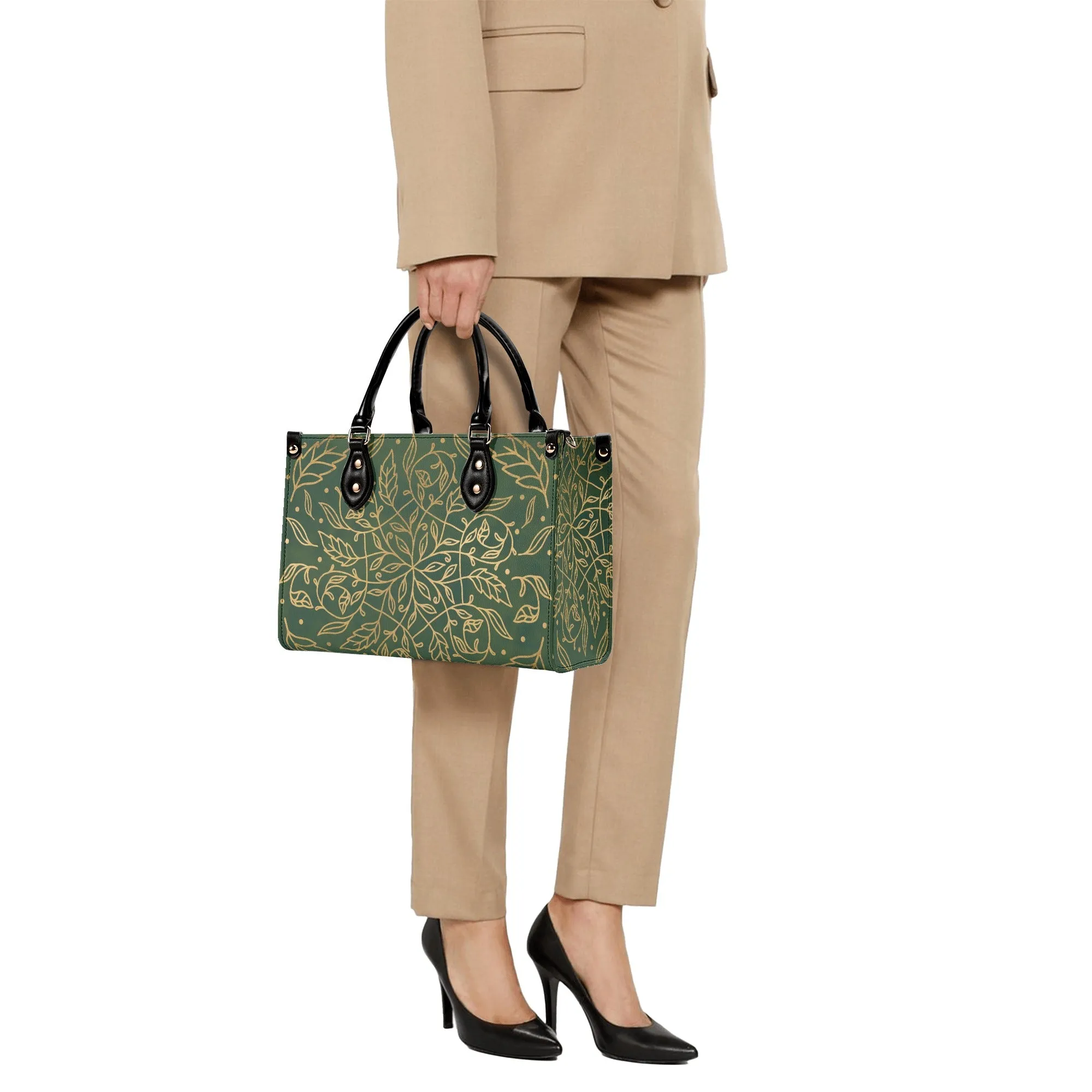 Elegant Green Leaf Mandala Purse Luxury Womens Vegan Leather Handbag