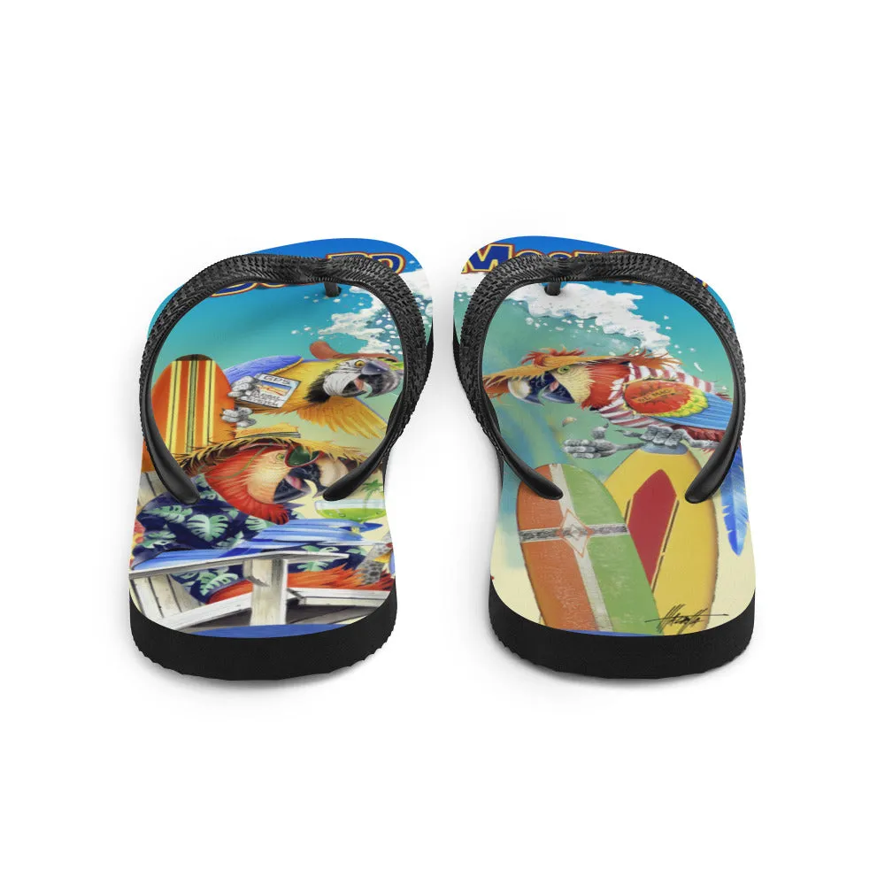 Exclusive Beach Flip Flops Board Meeting Parrots Surfing Art by Jim Mazzotta