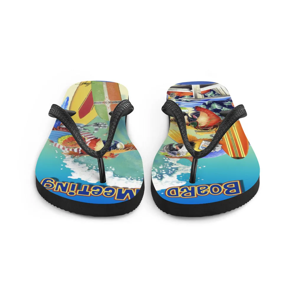 Exclusive Beach Flip Flops Board Meeting Parrots Surfing Art by Jim Mazzotta