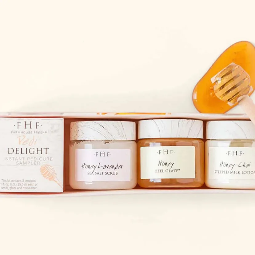Farmhouse Fresh Velvet Slippers Limited Edition Gift Set ~ Pedi Delight Sampler, Honey Chai Lotion and Cosmetic Bag