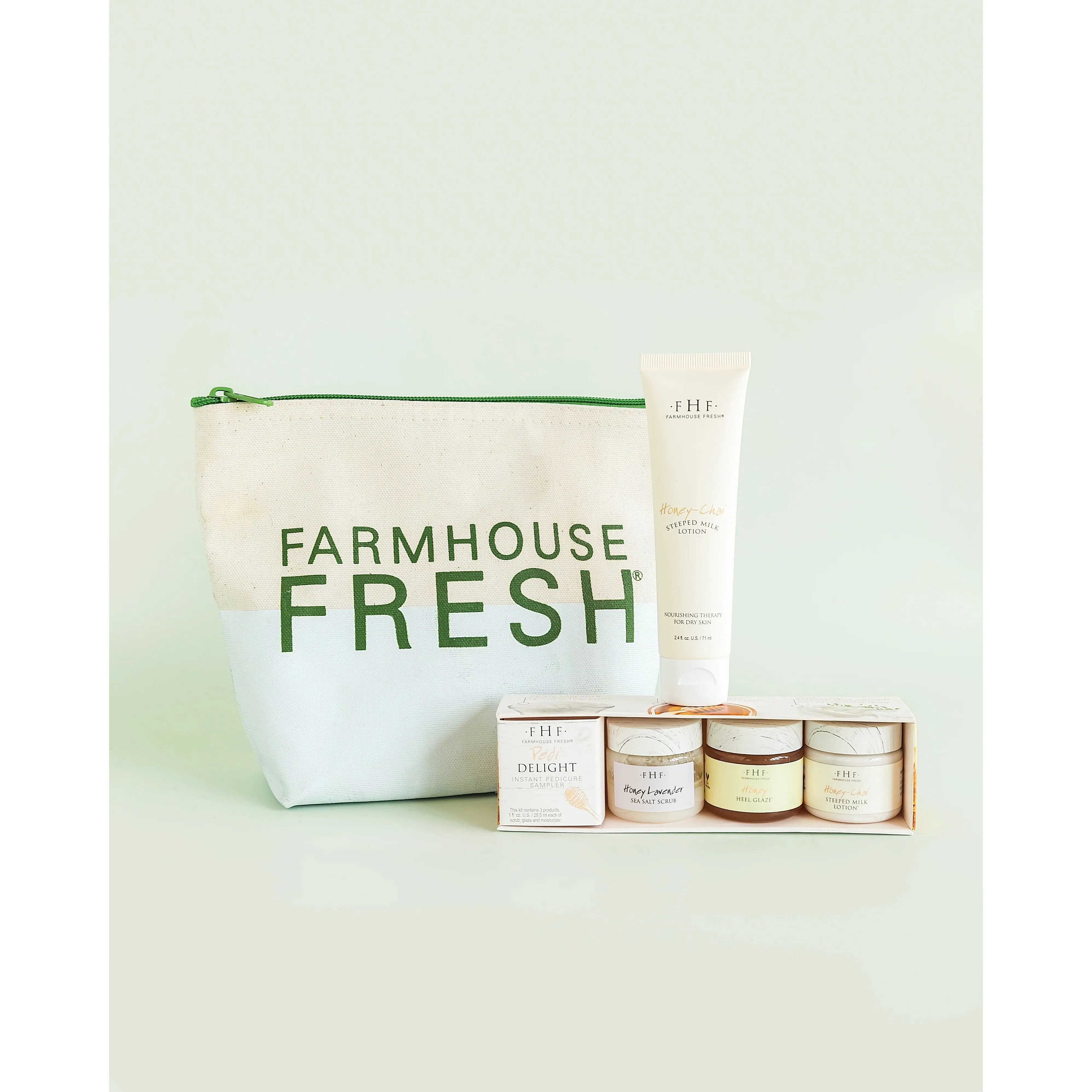Farmhouse Fresh Velvet Slippers Limited Edition Gift Set ~ Pedi Delight Sampler, Honey Chai Lotion and Cosmetic Bag