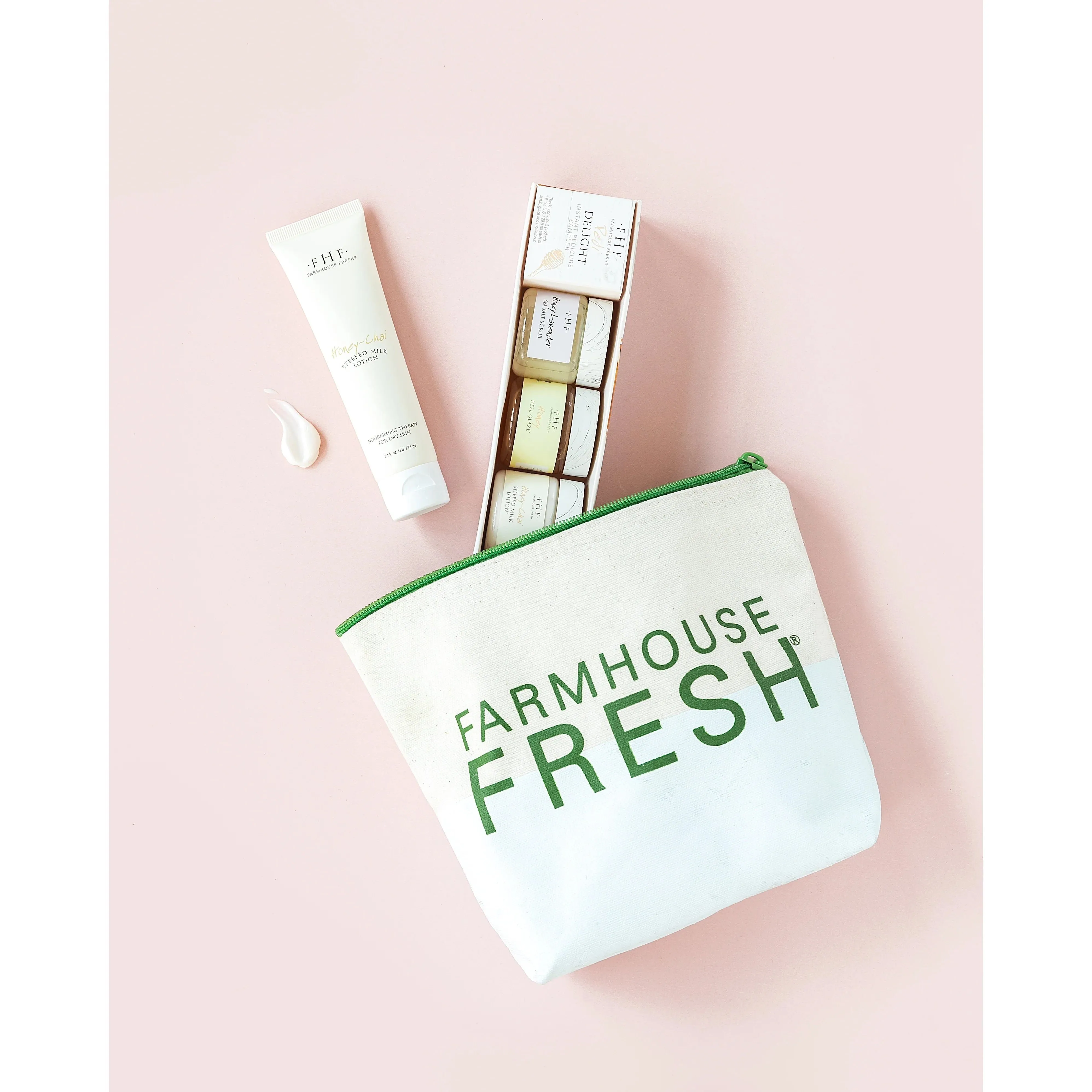 Farmhouse Fresh Velvet Slippers Limited Edition Gift Set ~ Pedi Delight Sampler, Honey Chai Lotion and Cosmetic Bag