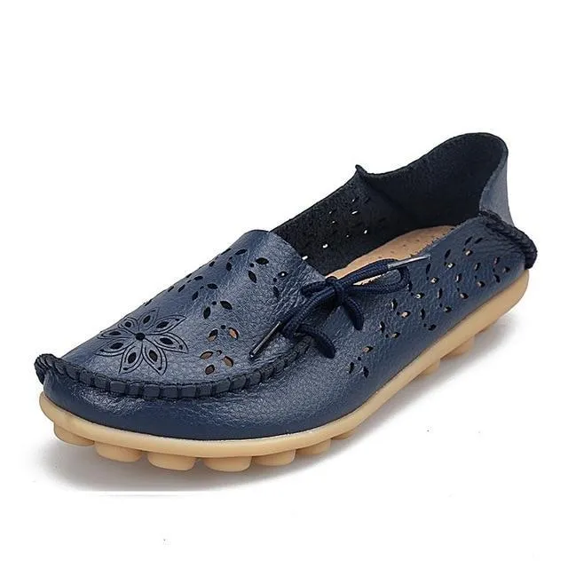 Flats Genuine Leather Slip On Cut-Outs Women Shoes Moccasins Loafers
