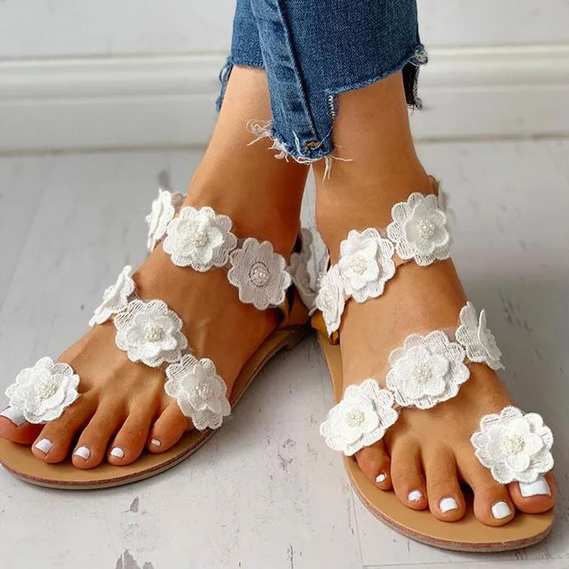 Flower Embellished Open Toe Flat Sandals