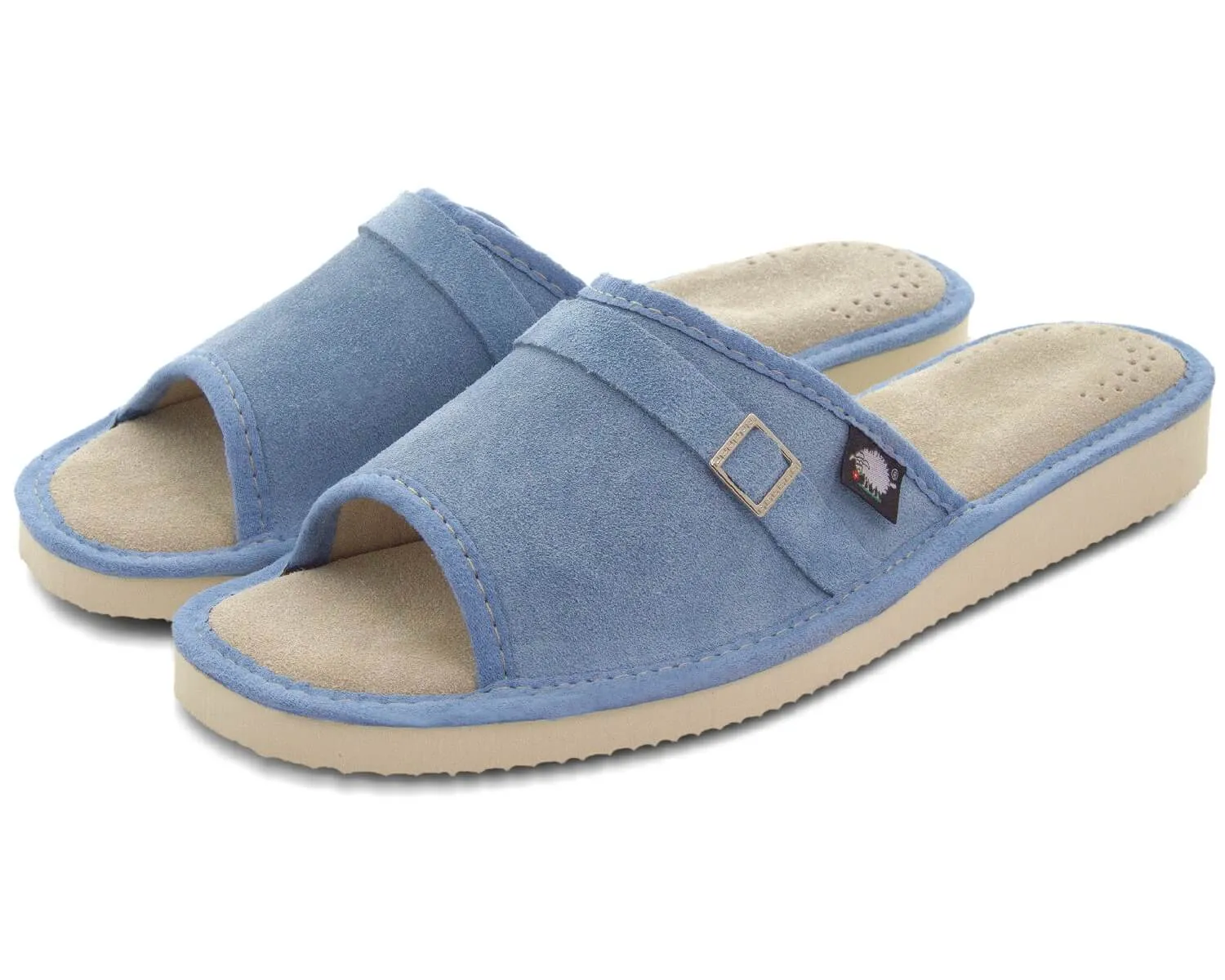FOOTHUGS Women's Natural Leather Open Toe Slippers with Memory Foam Health Insole - Blue