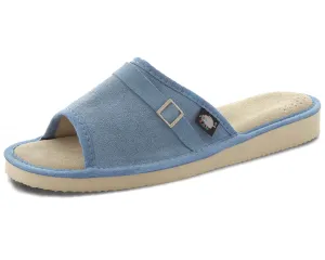 FOOTHUGS Women's Natural Leather Open Toe Slippers with Memory Foam Health Insole - Blue
