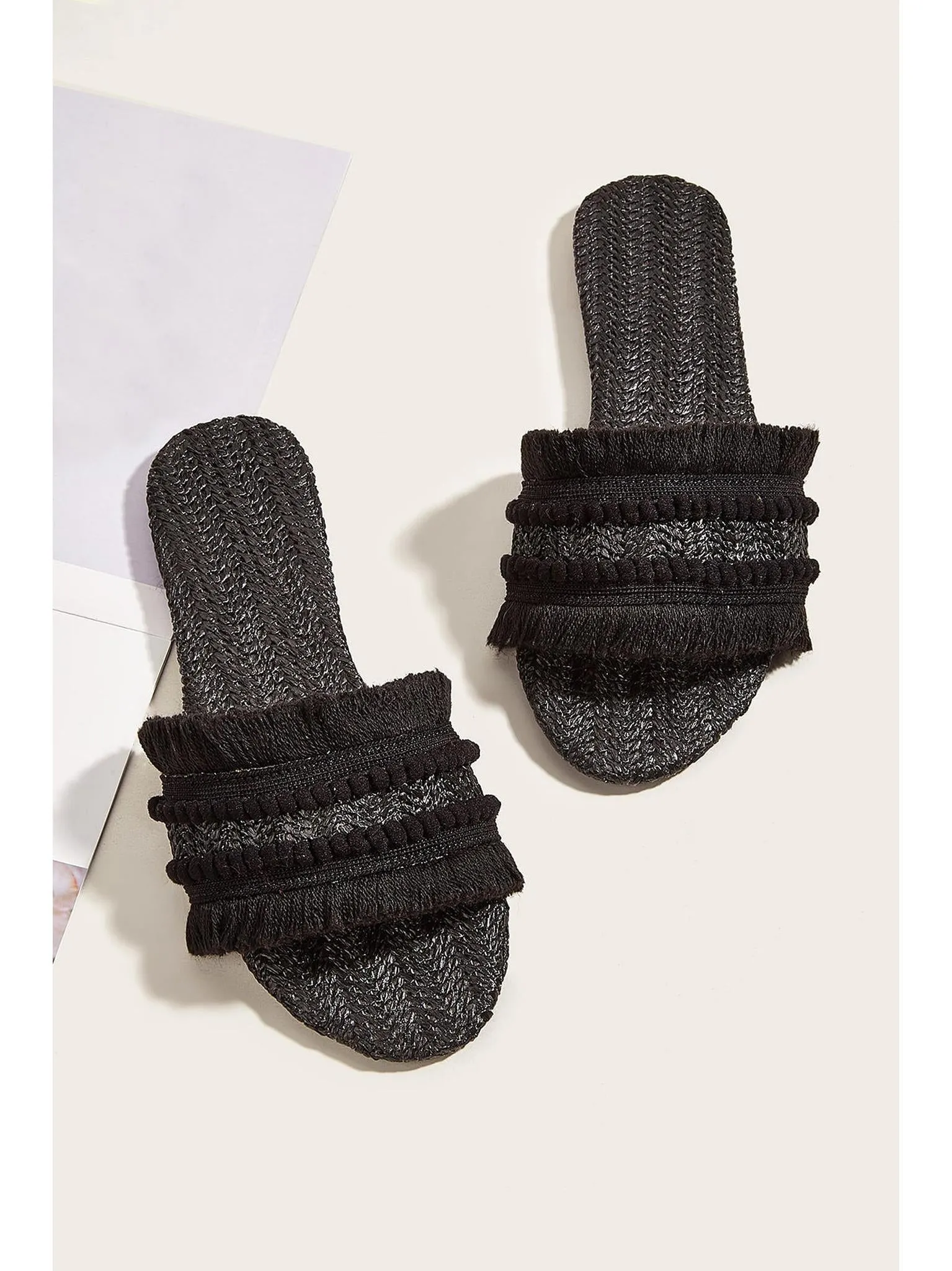 Fringe Slippers with Straw Upper and Rubber Sole