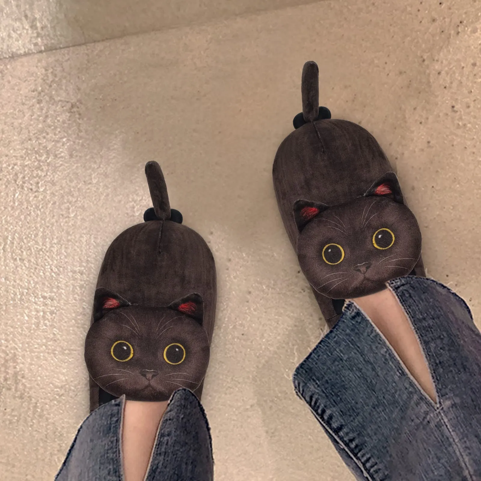 *Funny Cat Slippers for Women, Kawaii Bedroom Fuzzy House Slippers, Indoor and Outdoor Animal Slippers,Cozy Non-Slip,Christmas Cat Gifts for Cat Lovers Gifts For Women/Men's/Girls (Black)