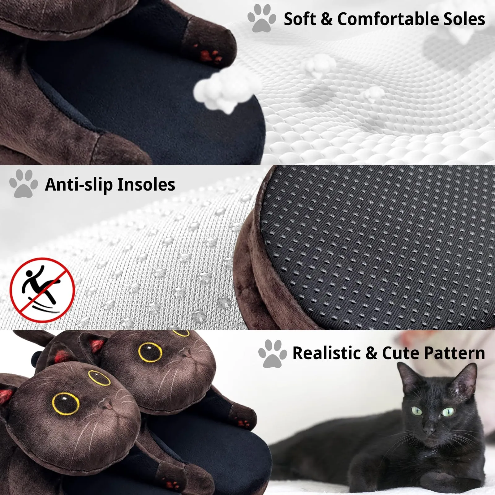 *Funny Cat Slippers for Women, Kawaii Bedroom Fuzzy House Slippers, Indoor and Outdoor Animal Slippers,Cozy Non-Slip,Christmas Cat Gifts for Cat Lovers Gifts For Women/Men's/Girls (Black)