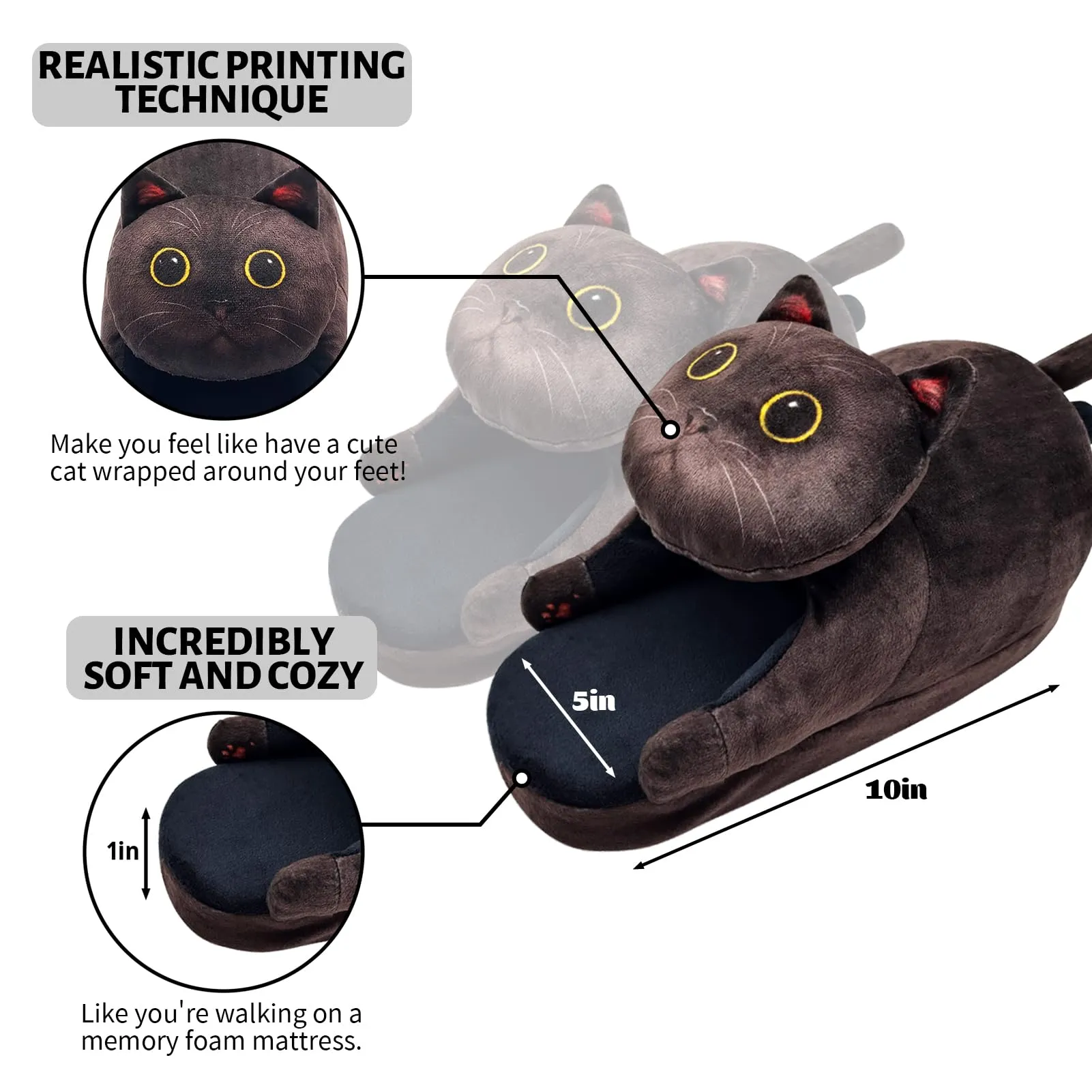 *Funny Cat Slippers for Women, Kawaii Bedroom Fuzzy House Slippers, Indoor and Outdoor Animal Slippers,Cozy Non-Slip,Christmas Cat Gifts for Cat Lovers Gifts For Women/Men's/Girls (Black)