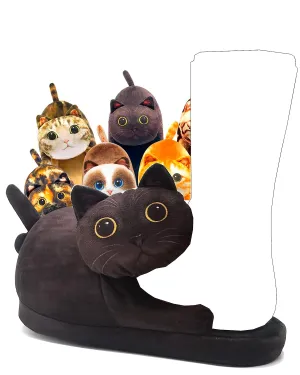 *Funny Cat Slippers for Women, Kawaii Bedroom Fuzzy House Slippers, Indoor and Outdoor Animal Slippers,Cozy Non-Slip,Christmas Cat Gifts for Cat Lovers Gifts For Women/Men's/Girls (Black)