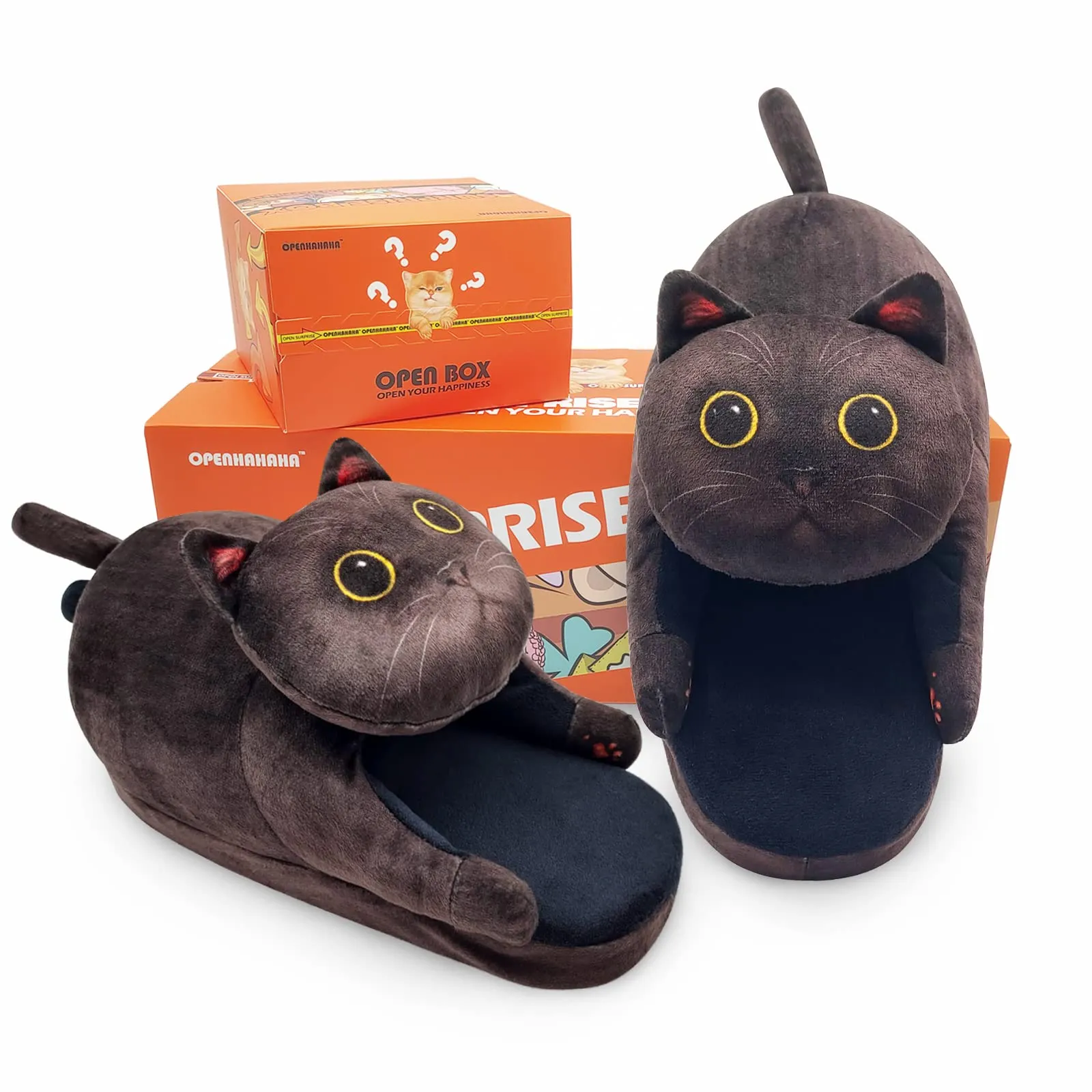 *Funny Cat Slippers for Women, Kawaii Bedroom Fuzzy House Slippers, Indoor and Outdoor Animal Slippers,Cozy Non-Slip,Christmas Cat Gifts for Cat Lovers Gifts For Women/Men's/Girls (Black)