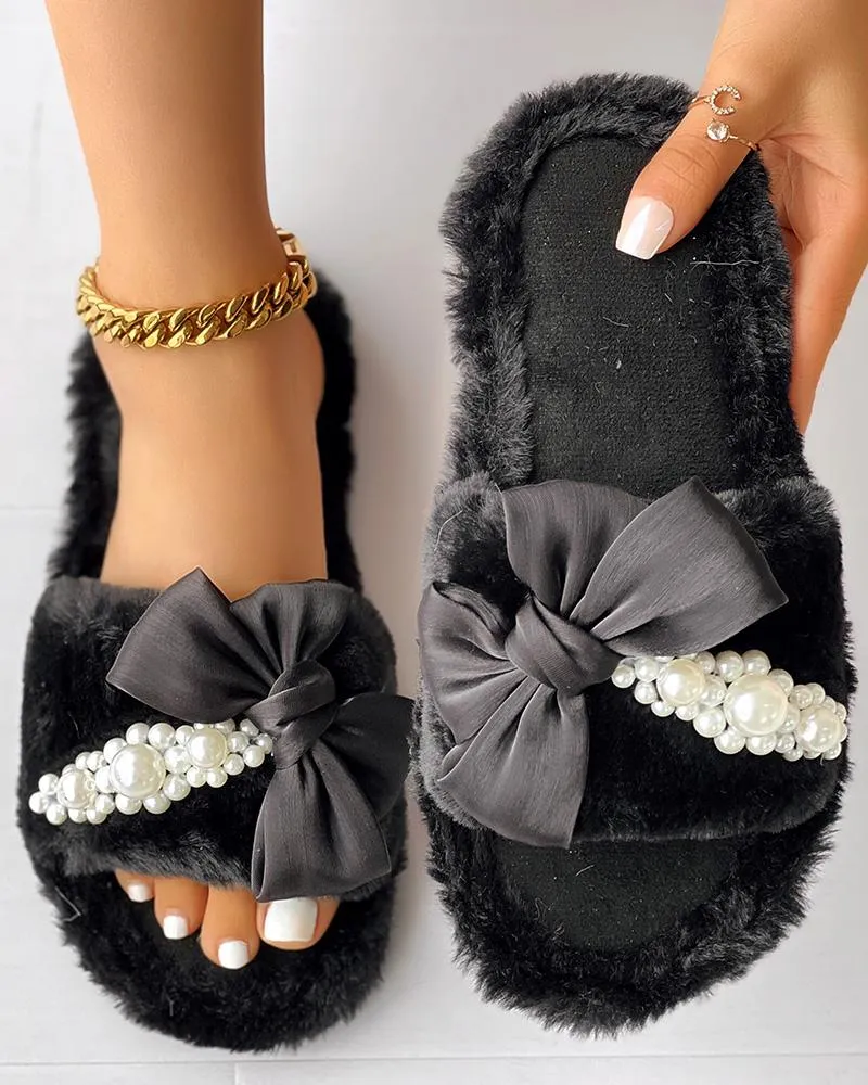 Fuzzy Bowknot Pearls Decor Slippers