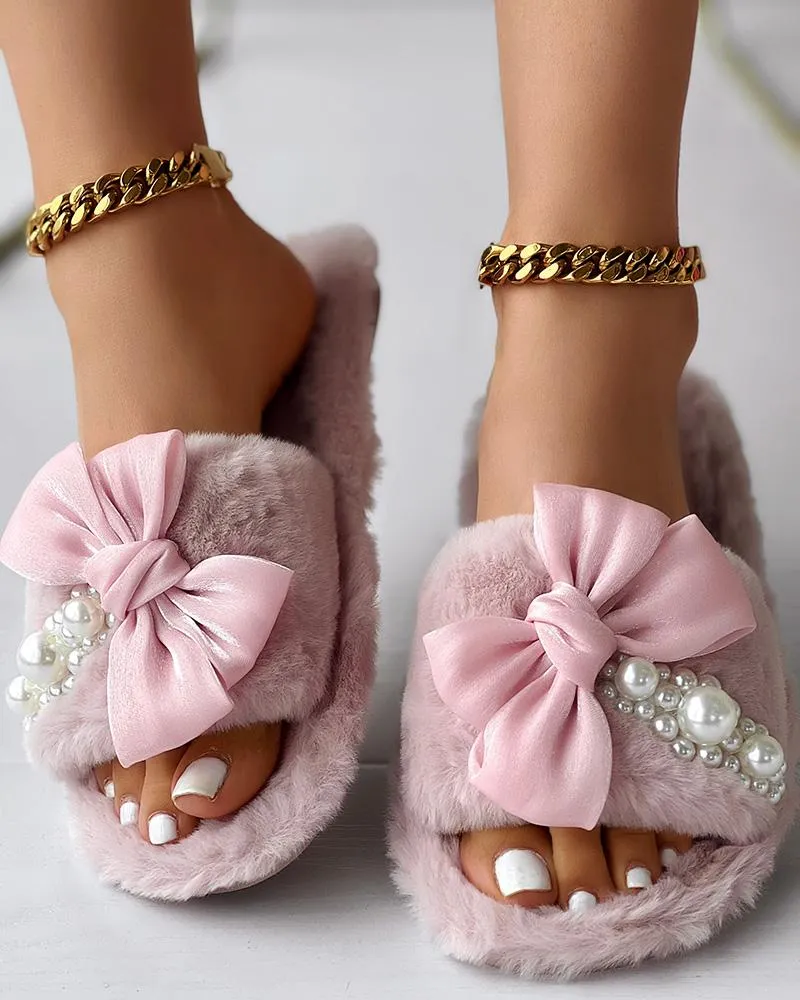 Fuzzy Bowknot Pearls Decor Slippers