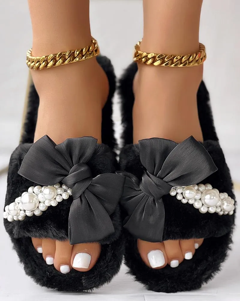 Fuzzy Bowknot Pearls Decor Slippers