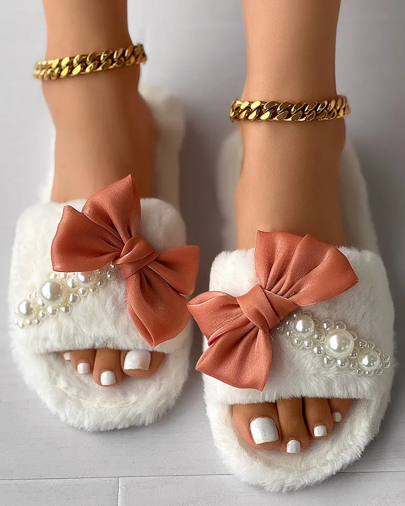 Fuzzy Bowknot Pearls Decor Slippers
