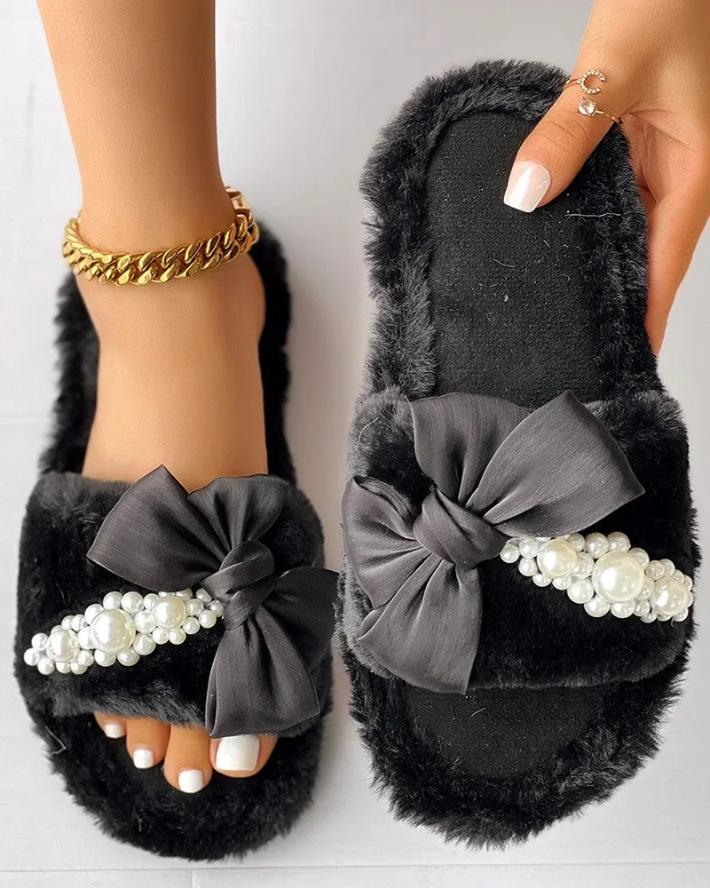 Fuzzy Bowknot Pearls Decor Slippers