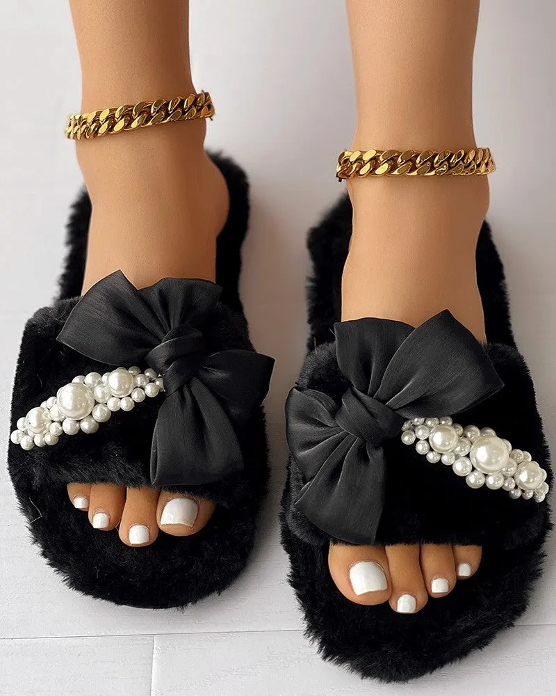 Fuzzy Bowknot Pearls Decor Slippers