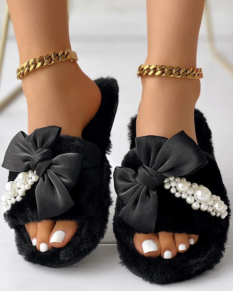 Fuzzy Bowknot Pearls Decor Slippers