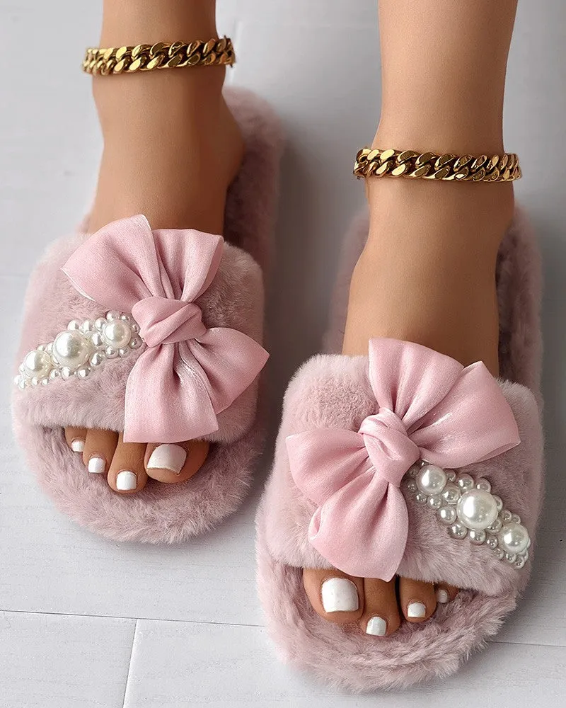 Fuzzy Bowknot Pearls Decor Slippers